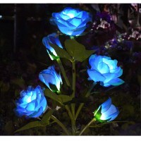 Blue Outdoor Solar Garden Stake Lights, With 6 Lighted Flower Heads Solar Decoration Garden Rose Stakes Lights For Memorial Garden Pet Wife Mom Decoration Grave Flowers For Cemetery