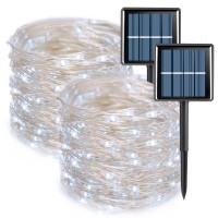 Qitong White Solar Fairy Lights Outdoor Waterproof 2 Pack Each 33Ft 100 Led Solar String Lights 8 Modes Silver Wire Solar Chri