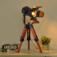 Cosylux Industrial Tripod Camera Table Lamp Vintage Wood Cinema Decorative Searchlight Farmhouse Standing Lighting Fixtures Nautical Spotlight Decorations-Without E26 Bulbs For Living Room Office