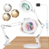 Hitti Led Magnifying Lamp With Clamp, 8-Diopter- 10X Glass Lens, 3 Color Modes, Super Bright Stepless Dimming, Magnifier Lighted Glass Lens Swivel Arm Light For Repair, Crafts, Reading, Sewing(White)