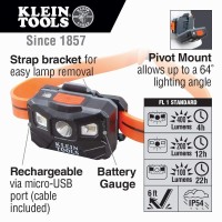 Klein Tools 56064 Rechargeable Auto-Off Led Headlamp, Silicone Strap, 400 Lms, All-Day Runtime, For Work, Running, Outdoor Hiking, Camping