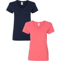 Gildan Womens Heavy Cotton V-Neck T-Shirt 2-Pack Sml-Navy-Coral