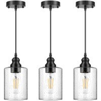 Shinetech 3-Pack Industrial Pendant Lights, Seeded Glass Pendant Lamp Shade, Modern Indoor Hanging Light Fixtures, Black Farmhouse Ceiling Light For Hallway Porch Kitchen Bedroom, Bulb Not Included