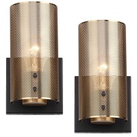 Hamilyeah Industrial Wall Sconces Set Of Two, Vintage Brass Gold Sconces Wall Lighting Fixture With Grid Mesh Shade, Indoor Hardwired Wall Sconces For Bedroom Home Theater Bathroom