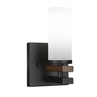 Belmont 1 Light Wall Sconce Shown In Matte Black & Painted Wood-Look Metal Finish With 2.5 White Muslin Glass