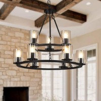 Black Farmhouse Wagon Wheel Chandelier, 9-Light Modern Round Dining Room Chandelier Light Fixtures For Bedroom Living Room Foyer Hallway (9-Light, With Glass Shade)