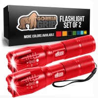 Gorilla Grip 2 Pack Led Tactical Handheld Flashlight, High Lumens, Ultra Bright 5 Mode, Long Lasting Water Resistant, 750 Ft Zoom Flashlights, Camping Accessory, Outdoor Camp Gear, Emergencies, Red