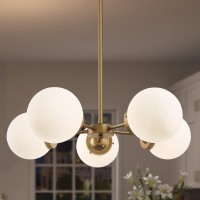 Durent Lighting Gold Chandeliers For Dining Room, Modern Globe Light Fixture With 5 Frosted Glass Shade For Bedroom, Foyer And Kitchen