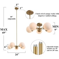 Durent Lighting Gold Chandeliers For Dining Room, Modern Globe Light Fixture With 5 Frosted Glass Shade For Bedroom, Foyer And Kitchen