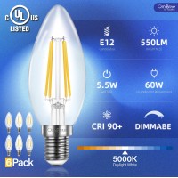 Omibrite Led Chandelier Light Bulb, Dimmable, 5.5W 60 Watt Equivalent, 5000K Daylight White, 550 Lumens, B11 E12 Candelabra Base Decorative Clear Glass Candle Bulbs, 6/Pack, Ul-Listed