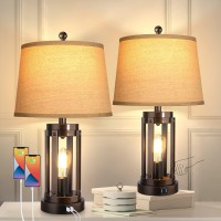 Wihtu Set Of 2 Table Lamps With Usb Ports, 3-Way Dimmable Farmhouse Touch Lamps, Bedside Lamp For Bedroom With Ac Outlet, Modern Orb Nightstand Lamps Desk Lamp For Living Room Reading, Bulbs Included