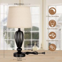 Usb Bedside Lamp 3Way Dimmable Touch Table Lamp With Dual Usb Charging Ports Industrial Table Lamp Black Metal Base Farmhouse