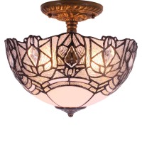 Werfactory Tiffany Ceiling Light Fixture Crystal Bead White Stained Glass Semi Flush Mount Lamp Wide 12 Inch, Height 11 Inch S508W Series