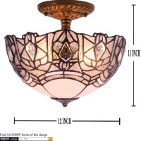 Werfactory Tiffany Ceiling Light Fixture Crystal Bead White Stained Glass Semi Flush Mount Lamp Wide 12 Inch, Height 11 Inch S508W Series