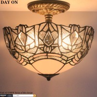 Werfactory Tiffany Ceiling Light Fixture Crystal Bead White Stained Glass Semi Flush Mount Lamp Wide 12 Inch, Height 11 Inch S508W Series