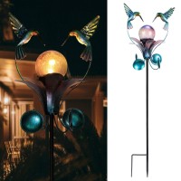 Vcuteka Solar Lights Outdoor Metal Garden Stake Waterproof Crackle Glass Globe Garden Decor Hummingbird For Pathway, Lawn, Patio, Yard