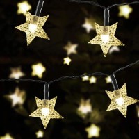 Snomyrs Solar Star String Lights 31 Feet 50 Led Flashing Fairy Lights, Outdoor Waterproof Stars Flashing Lights, Suitable For Gardens, Lawn Terraces, Landscape, Christmas Decoration (Warm White)