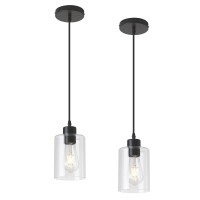 Klss Modern Black Farmhouse Clear Glass Cylinder Pendant Light Fixture,Island Lights For Kitchen,Mini Pendant Lighting For Kitchen Island Decor - 4.75 Inch Shade, 2-58 Inch Cord (Black 2 Pack)