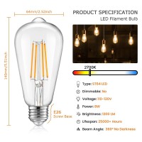 Vintage Led Dimmable Edison Light Bulbs 100W Incandescent Equivalent, 8W 1200Lumens, E26 Base Led Filament Bulb, 2700K Warm White, St64/St21 Antique Clear Glass For Home, Reading, Bathroom, 4-Pack