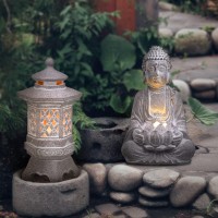 Teresa'S Collections Pagoda Garden Statues With Solar Outdoor Light, Resin Zen Garden Lantern Asian Decor Outdoor Statues Lawn Ornaments Patio Porch Yard Decor Gifts For Mom 12.6'' (Stone Finish)