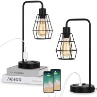 Haitral Industrial Table Lamps Set Of 2 - Modern Black Bedside Lamp With Dual Usb Charging Ports And Ac Outlet, Vintage Farmhouse Lamp With Metal Cage Shade For Bedroom, Office, Living Room