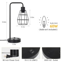 Haitral Industrial Table Lamps Set Of 2 - Modern Black Bedside Lamp With Dual Usb Charging Ports And Ac Outlet, Vintage Farmhouse Lamp With Metal Cage Shade For Bedroom, Office, Living Room