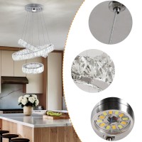 3 Rings Crystal Chandeliers Light For Living Room, Modern Diy Led Crystal Ceiling Light Fixture Adjustable Stainless Steel Rings Round Crystal Pendant Lamp Fixture For Bedroom (20+30+40 Warm White)