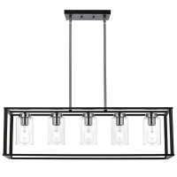 Vinluz Modern Chandeliers Brushed Nickel And Black 5 Light Rectangle Dining Room Lighting Fixtures Hanging With Clear Glass Shad