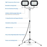 Ufond 20000 Lumen Work Lights With Stand, 200W Dual Head Led Work Light, Waterproof Lamp With Individual Switch, Adjustable Metal Telescoping Tripod 10Ft Power Cord