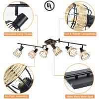 Depuley Vintage Track Ceiling Spotlight, 6-Head Bamboo Led Track Lighting Kit, Industrial Track Lamp, Rattan Caged Wall Light Fixture For Kitchen Island Living Room Bedroom