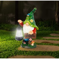 Wogoon Garden Gnome Statue, Resin Figurine With Bright Solar Lantern Lights And Welcome Sign, Outdoor Solar-Powered Illumination Yard Art Decorations For Indoor Outdoor Patio Lawn Garden Room