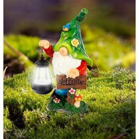 Wogoon Garden Gnome Statue, Resin Figurine With Bright Solar Lantern Lights And Welcome Sign, Outdoor Solar-Powered Illumination Yard Art Decorations For Indoor Outdoor Patio Lawn Garden Room