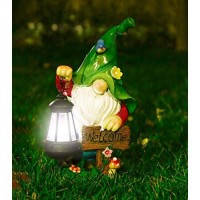 Wogoon Garden Gnome Statue, Resin Figurine With Bright Solar Lantern Lights And Welcome Sign, Outdoor Solar-Powered Illumination Yard Art Decorations For Indoor Outdoor Patio Lawn Garden Room