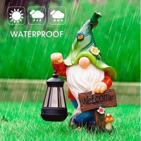 Wogoon Garden Gnome Statue, Resin Figurine With Bright Solar Lantern Lights And Welcome Sign, Outdoor Solar-Powered Illumination Yard Art Decorations For Indoor Outdoor Patio Lawn Garden Room