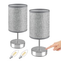 Hugchg Touch Control Table Lamp Set Of 2, Dimmable Touch Control Bedside Lamp Small Nightstand Lamp With Grey Fabric Shade Bedroom Lamp For Bedroom,Living Room, Office,4W Dimmable Bulb Included