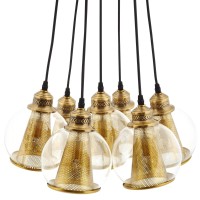 Stunning Peak Brass Cone And Glass Globe Cluster Pendant Chandelier - Contemporary Vintage Style - 7 Cone-Shaped Shades - Steel-Plated Bronze - Adjustable Cord - Ideal For Living Room, Dining Room, Entryway