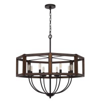 This stylish chandelier marries together both industrial and modern styles with this wood and metal finish fixture It features an oak color rubber wood frame with dark bronze metal accents Its geometric openwork style will make an eye catching addition to