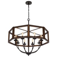 This stylish chandelier marries together both industrial and modern styles with this wood and metal finish fixture It features an oak color rubber wood frame with dark bronze metal accents Its geometric openwork style will make an eye catching addition to