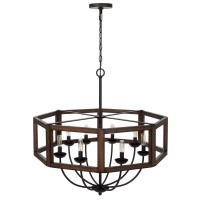 This stylish chandelier marries together both industrial and modern styles with this wood and metal finish fixture It features an oak color rubber wood frame with dark bronze metal accents Its geometric openwork style will make an eye catching addition to