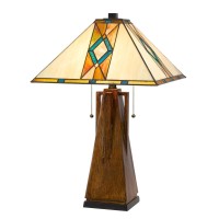 Add a touch of color to your dcor with this this Art color glass tiffany lamp It features a stained glass mission style design with a wood tone resin body with bronze accents The lamp has a square weighted base and a double pull chain with ball tips for e