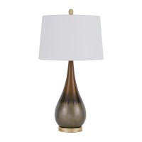 Refresh your rooms look with this tritone bowling pin shape table lamp It features a long elegant neck sturdy weighted wide bottom and and satin ombre finish The lamp ships complete with a crisp white round linen shade and matching finial