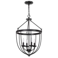 Make a bold statement with this cage inspired metal frame chandelier It features a smoothed matte black satin finish with a down pointed change design The fixture ships complete with matching canopy and six foot chain