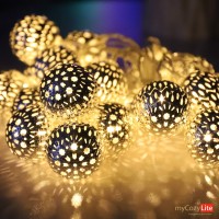 Mycozylite Led Globe String Lights, Warm White Moroccan Lights, Battery Powered, Unique Pattern, 20 Silver Metal Globes, With Battery Save Timer, For Indoor And Outdoor,10Ft