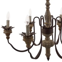 Bountiful Vintage French Pendant Ceiling Light Candelabra Chandelier - Modern Farmhouse Style, Metal Arms, Carved Wood Center Column, Leaf Design, 49