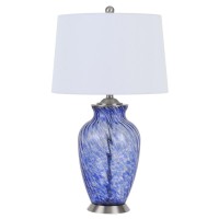 Add a touch of color to any room in your house with this hand blown art glass table lamp It features an eye catchinig blue color with a ripped finish on a ginger jar style glass body This beautiful lamp comples complete with a crisp white linen shade and 