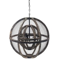 Gravitate Rustic Oak Wood Globe Pendant Light Chandelier - Vintage Modern Design With Curved Wood Strips, Black Metal Fixture, And Brass Accents. Perfect For Rustic, Farmhouse, Cottage, Or Industrial Style Rooms. Requires 3 E12 25W Bulbs (Not Included).