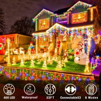 Christmas Lights Outdoor Decorations 400 Led 33Ft 8 Modes Curtain Fairy String Light With 75 Drops Clear Wire Led String Light