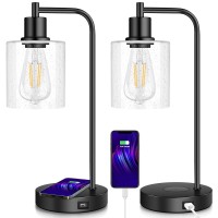 Set Of 2 Wireless Charging Industrial Table Lamp 3-Way Touch Control Dimmable Desk Lamp With Usb Port Bedside Lamp With Hanging Seeded Glass Shade For Office Bedroom Living Room, Bulb Included