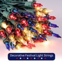 Red White Blue Christmas Lights Green Wire 100 Count 4Th July Decoration Patriotic Mini String Lights Waterproof For Indoor Ou