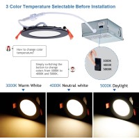 Cycevsun Black Recessed Lights - Canless 4 Inch Soffit Wafer Pot Lighting With Junction Box, Dimmable & 5 Color Temperature Selectable, 9W, 120Vac, Wet & Ic Rated, Etl, 6 Pack